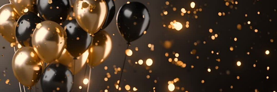 Colorful balloons with golden confetti on black background, celebration background with copy space