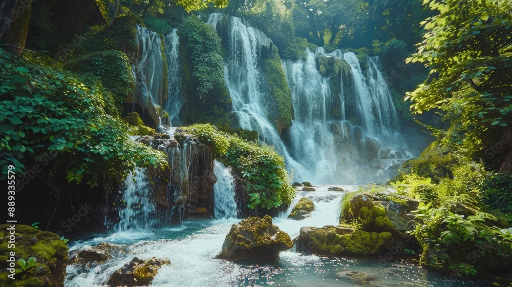 Aufkleber A serene waterfall surrounded by dense foliage in a forest setting, ideal for use in nature-themed designs or as a background image