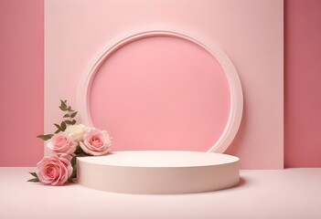 3d podium pedestal platform in pink ,white,cream color with geometric backdrop and rose on pink background for product display, presentation, advertising.	
