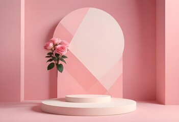 3d podium pedestal platform in pink ,white,cream color with geometric backdrop and rose on pink background for product display, presentation, advertising.	
