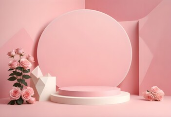 3d podium pedestal platform in pink ,white,cream color with geometric backdrop and rose on pink background for product display, presentation, advertising.	
