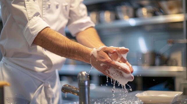 A chef demonstrating proper handwashing techniques under running water in a professional kitchen. Hygiene, food safety training, clean hands, kitchen hygiene, sanitation