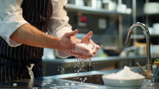 A chef demonstrating proper handwashing techniques under running water in a professional kitchen. Hygiene, food safety training, clean hands, kitchen hygiene, sanitation