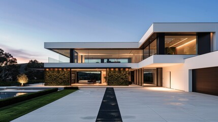 A sleek, modern home with advanced technology seamlessly integrated with natural elements like indoor trees and living walls