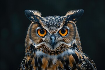 Obraz premium A detailed shot of an owl's face, featuring bright orange eyes