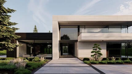 A sleek, modern home with advanced technology seamlessly integrated with natural elements like indoor trees and living walls