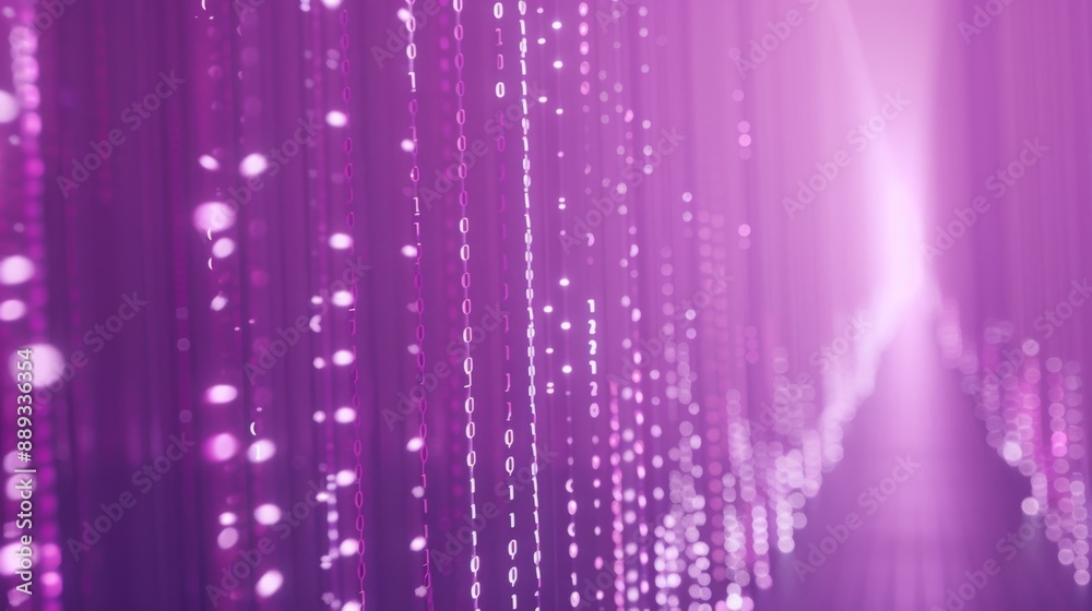 Aufkleber A close-up shot of a purple light installation with binary code displayed on the strands of lights. The lights create a blurred effect, creating a sense of depth and movement.