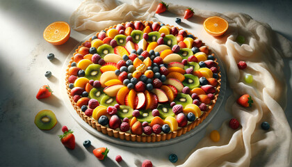 a colorful fruit tart on top of a table