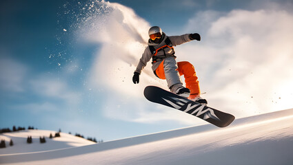 Jumping snowboarder from hill in winter, generative ai