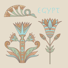 Egyptian floral colorful design element set isolated on white. Lotus flower, vector sign, symbol, logo illustration. Spirituality, occultism, chemistry, flower tattoo.