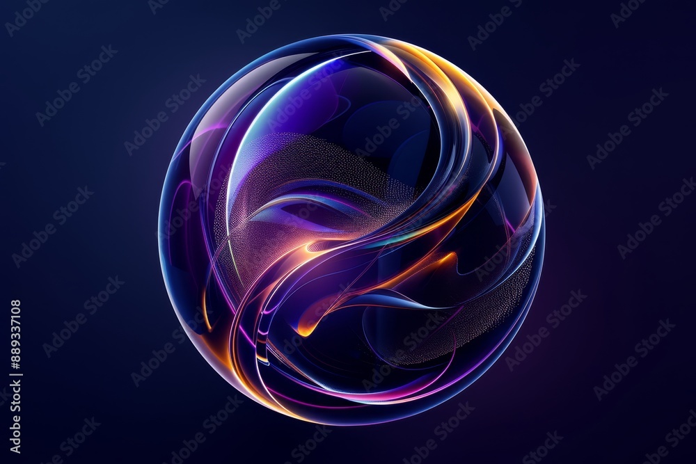 Fototapete An abstract sphere with vibrant neon colors swirling around, creating a futuristic and dynamic glowing effect, perfect for digital art and design