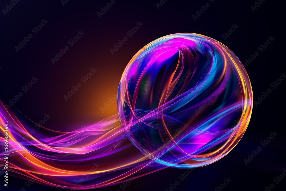 Poster An abstract sphere with vibrant neon colors swirling around, creating a futuristic and dynamic glowing effect, perfect for digital art and design