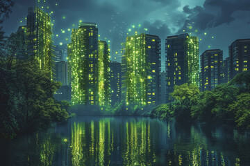 Naklejka premium City with green energy symbols projected onto buildings Demonstrates sustainable urban development.