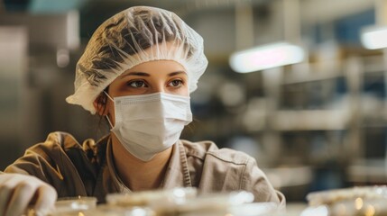 A worker in a food processing plant wearing a hairnet and mask, inspecting packaged products for quality control. Industrial hygiene, safety protocols