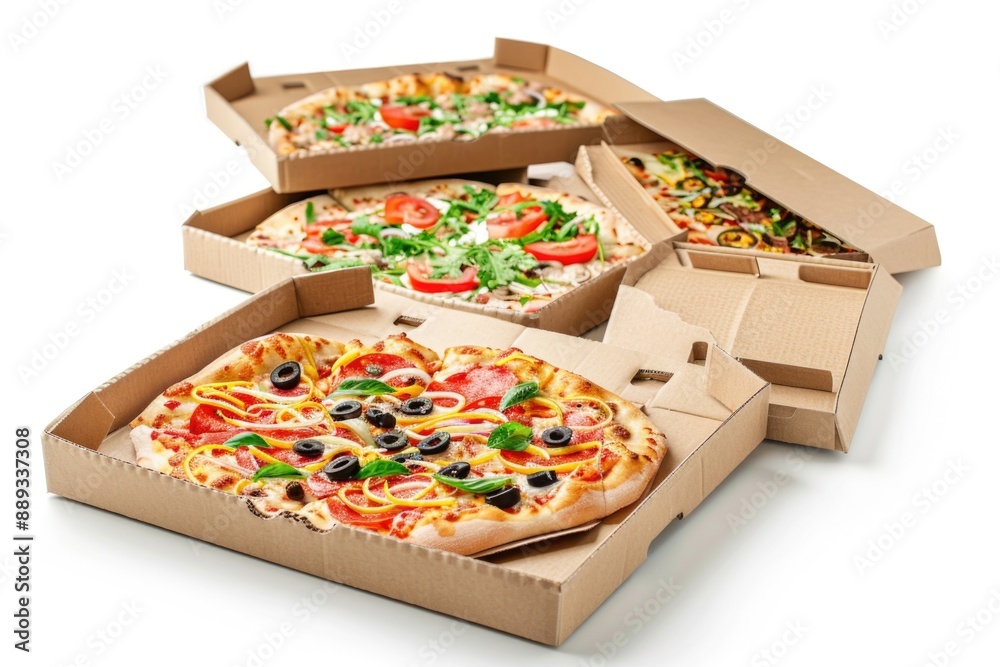 Poster a stack of pizzas in their boxes, placed on a clean white surface