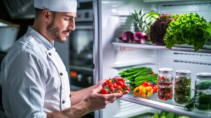 A chef demonstrating the proper way to store fresh produce in a refrigerator, ensuring hygiene and safety. High-resolution, food safety practices, kitchen cleanliness, fresh ingredients, hygiene