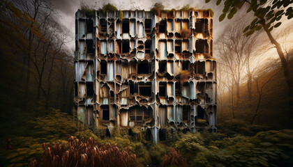 a painting of a building made out of pipes