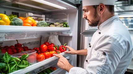 A chef demonstrating the proper way to store fresh produce in a refrigerator, ensuring hygiene and safety. High-resolution, food safety practices, kitchen cleanliness, fresh ingredients, hygiene