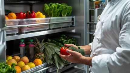 A chef demonstrating the proper way to store fresh produce in a refrigerator, ensuring hygiene and...