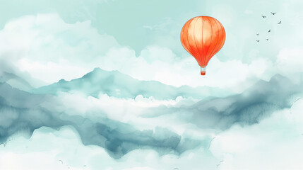 Fototapeta premium Beautiful Watercolor Artwork Depicting a Foggy Landscape with a Hot Air Balloon Gliding Through the Cloudy Skies