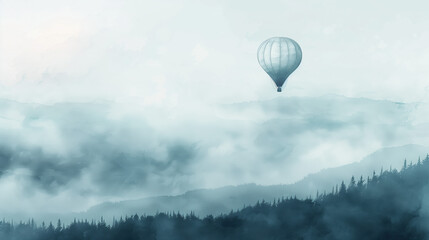 Obraz premium Hot Air Balloon in Watercolor Foggy Landscape Illustration, Capturing a Tranquil Scene Above the Misty Clouds