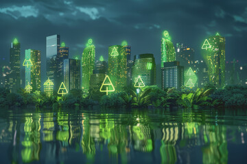 City with green energy symbols projected onto buildings Demonstrates sustainable urban development.