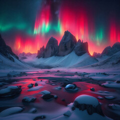 Crimson Sunset Over the mountains
The image shows a breathtaking display of the Northern Lights (Aurora Borealis) over a snow-covered mountain range. 
