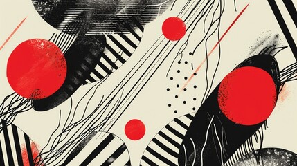 A minimalist art piece featuring bold red circles on a black and white background