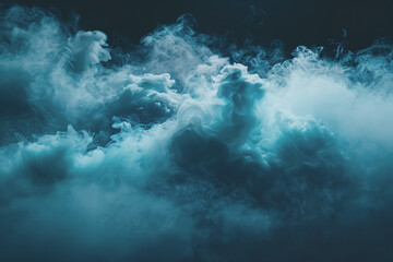Fototapeta premium Dynamic smoke clouds Illuminated by a neon turquoise surface. The coolness of the underwater scenes.
