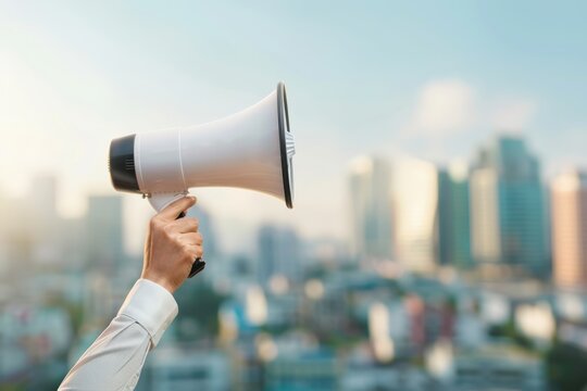 Hand holding a white megaphone against a blurred cityscape background, symbolizing communication and announcement in a metropolitan setting.