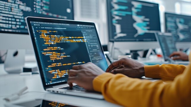 Software developer coding on a laptop with multiple screens displaying code in an office environment.