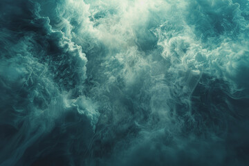 Obraz premium Dynamic smoke clouds Illuminated by a neon turquoise surface. The coolness of the underwater scenes.