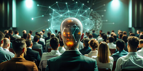 Cybernetic Robot at AI Conference with Interactive Display, Generative AI