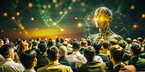 Futuristic Robot Addressing Tech Conference Audience, Generative AI