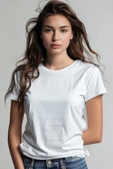 Fototapeta premium White tshirt mockup on woman model created with Generative AI
