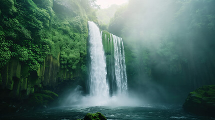 Cascading Waterfall Shrouded in Mist Surrounded by Lush Greenery in a Serene Natural Setting