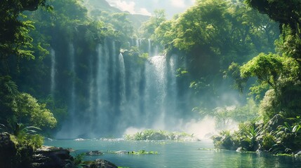 A serene tropical rainforest with towering trees, lush vegetation, and a cascading waterfall