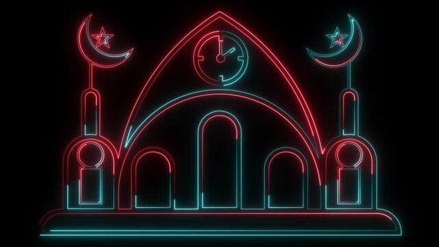 Abstract neon glowing color masque icon animation on black background.
