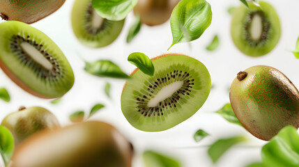 Fototapeta premium Kiwi with half slices falling or floating in the air with green leaves isolated on white background, Fresh organic fruit with high vitamins and minerals.