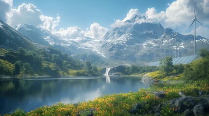 Fototapeta premium A landscape featuring wind turbines, solar panels, and a hydroelectric dam on the shore of the lake against the background of the mountains