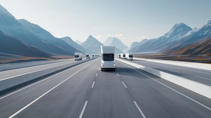 A convoy of automated, electric trucks traveling on a smart highway, surrounded by picturesque mountains and clear skies, symbolizing the future of eco-friendly transport