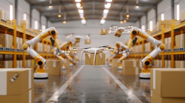 A high-tech warehouse with robotic arms loading and unloading packages onto delivery drones, illustrating advanced logistics and fast-paced trading systems