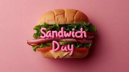 A delicious sandwich with neon pink lettering spelling out Sandwich Day