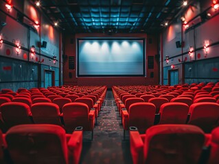 Obraz premium An empty movie theater with rows of red seats facing a large, bright screen, set in a softly lit environment, creating a tranquil and expectant atmosphere.