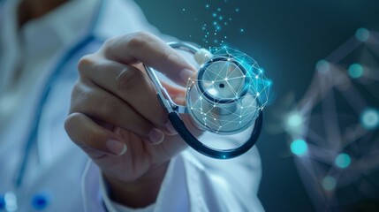 Doctor hand with stethoscope and Ui icon medical in hospital with medical technology network concept