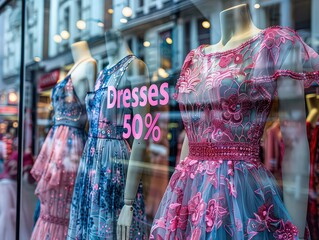 Striking pink and blue dresses on mannequins, promoting a significant discount with "Dresses 50% Off" sign.