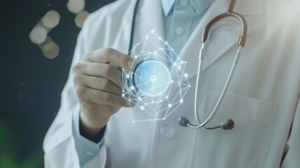 Doctor hand with stethoscope and Ui icon medical in hospital with medical technology network concept