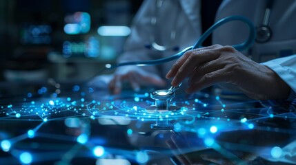 Doctor hand with stethoscope and Ui icon medical in hospital with medical technology network concept