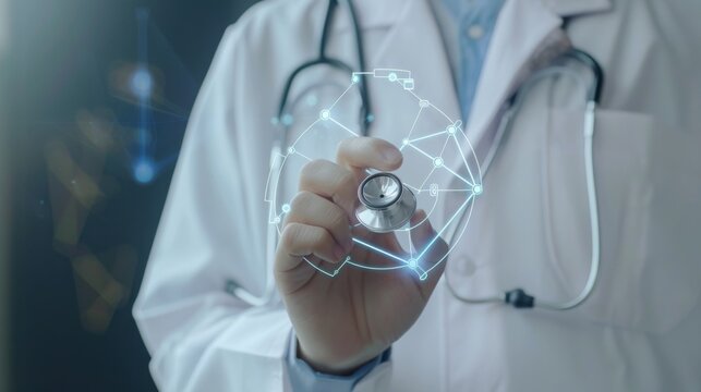 Doctor hand with stethoscope and Ui icon medical in hospital with medical technology network concept