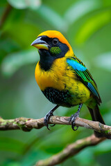 Fototapeta premium A vibrant tropical bird with a colorful plumage, perched on a branch in a lush green environment.